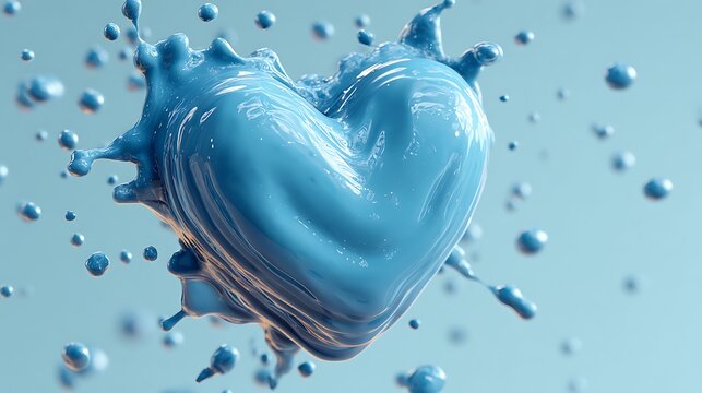 Floating glossy heart drop in aqua blue tone settled on pure white backdrop with playful mini drops around