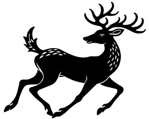 Stylized silhouette of a running deer with antlers and spots