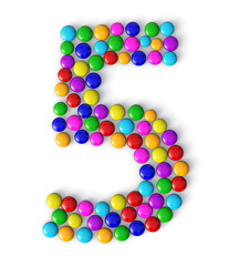 number 5 made of colorful chocolate candy isolated on white background. 3d chocolate candy number.