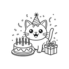 Cute Cartoon Cat with Birthday Cake and Gift, Black and White Line Art for Kids Coloring Book, Party Illustration, Printable Nursery Wall Art.