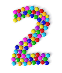 number 2 made of colorful chocolate candy isolated on white background. 3d chocolate candy number.