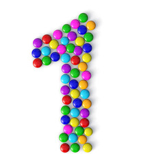 number 1 made of colorful chocolate candy isolated on white background. 3d chocolate candy number.