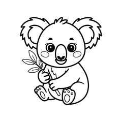 Cute Baby Koala Bear Holding Eucalyptus Branch, Black and White Cartoon Animal Illustration for Coloring Book, Kids Art, Nursery Wall