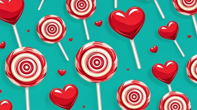 Seamless pattern with delicious lollipops and heart shaped candies on a turquoise background, creating a sweet and romantic atmosphere