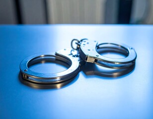 A pair of silver metal handcuffs rests on a shiny blue surface, suggesting law, crime, or justice.