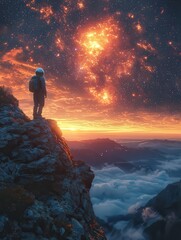 Fototapeta premium Astro Explorer Standing on Mountain Peak, Gazing at a Stunning Cosmic Sky at Sunset, Evoking Adventure and Wonder in a Dreamlike Landscape.