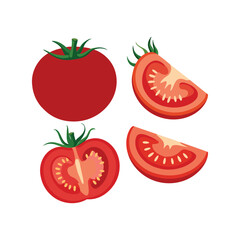 Fresh Tomato Whole and Slices Vector Illustration, Juicy Red Vegetable Clipart, Healthy Food Icon for Kitchen, Cooking, Restaurant, Grocery, and Nutrition Design