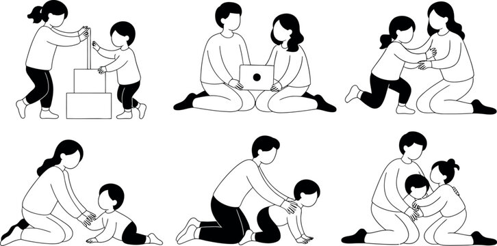 Family activities and bonding moments illustrated in line art