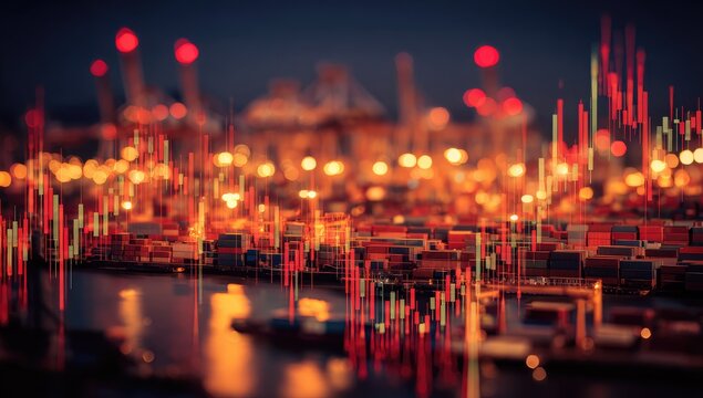 Night cityscape with shipping containers and overlaid stock market charts - Powered by Adobe