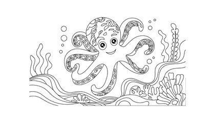 Cute Smiling Octopus Coloring Page for Kids, Underwater Sea Life Illustration, Fun Ocean Animal Line Art, Printable Activity for Children