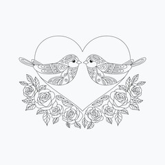 Romantic birds kissing inside heart with roses, intricate floral design, black and white coloring page for adults and kids, love and nature illustration.