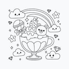 Cute dessert coloring page with bear, strawberry, lollipop, rainbow, clouds, and stars, fun black and white illustration for kids and children.