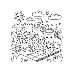 Cute picnic scene with burgers, donuts, strawberry, juice, and smiling sun, black and white coloring page illustration for kids, outdoor food fun.