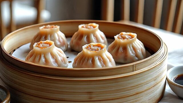 Eight shrimp dumplings are steaming in a bamboo basket, ready to be served as a delicious appetizer or main course