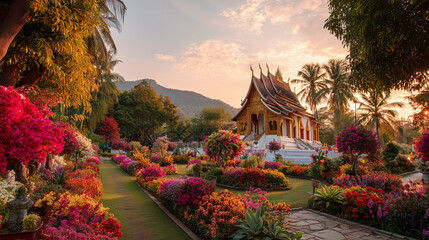 Lao Flower Festival, Buddhist temple decorated with colorful tropical flowers and glowing lanterns