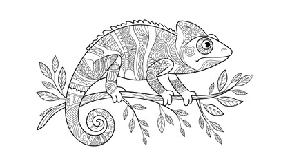 Detailed chameleon coloring page for kids and adults, intricate patterned lizard on branch, black and white animal illustration, style art.