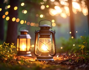 Two vintage-style oil lamps, illuminated, stand in a forest at sunset.  Bokeh highlights the soft light