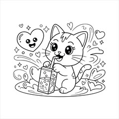 Cute kitten drinking juice with straw, surrounded by hearts and sparkles, adorable black and white coloring page illustration for kids and children.