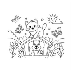 Cute kitten and puppy in garden with butterflies, flowers, and sun, black and white coloring page for kids, playful animal illustration.