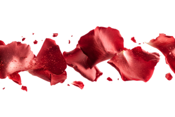 Vibrant red rose petals delicately floating and scattering through the air creating a captivating and romantic visual display