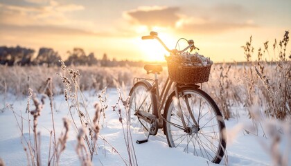 Vintage bike in snowy field at sunrise (1)