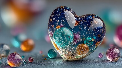 Close up of glossy heart shaped blue drop surrounded by fine miniature droplets on seamless background