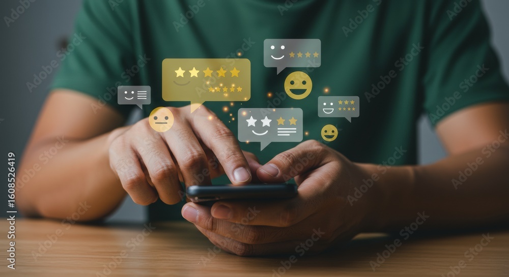 Poster person interacting with smartphone displaying star ratings and emoticons. digital feedback system wi