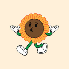 Cheerful Sunflower Bloom in Retro Vintage Mascot Character with gloved hand and foot, rubber hose cartoon style. Walk, whistle, with arms raised.
