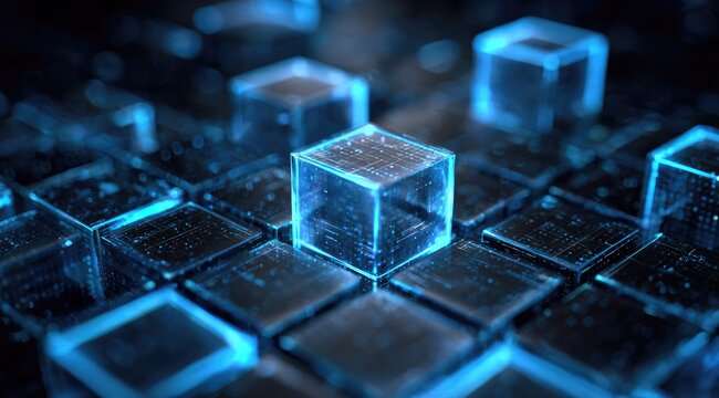 Abstract digital rendering of glowing blue cubes arranged on a grid, suggesting a technological or data-related concept