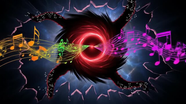 Abstract Vortex with Bursting Colorful Music Notes and Sound Energy
