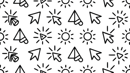 Black line art icons of cursors suns and paper airplanes vector