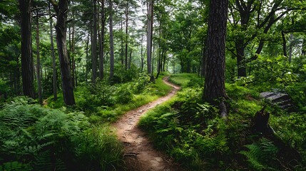 Fototapeta premium Forest footpath surrounded by trees and greenery