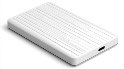 White rectangular hard drive with grooved texture on a white background