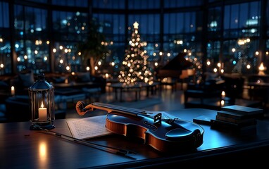 Violin on a table in a Christmas-decorated room at night