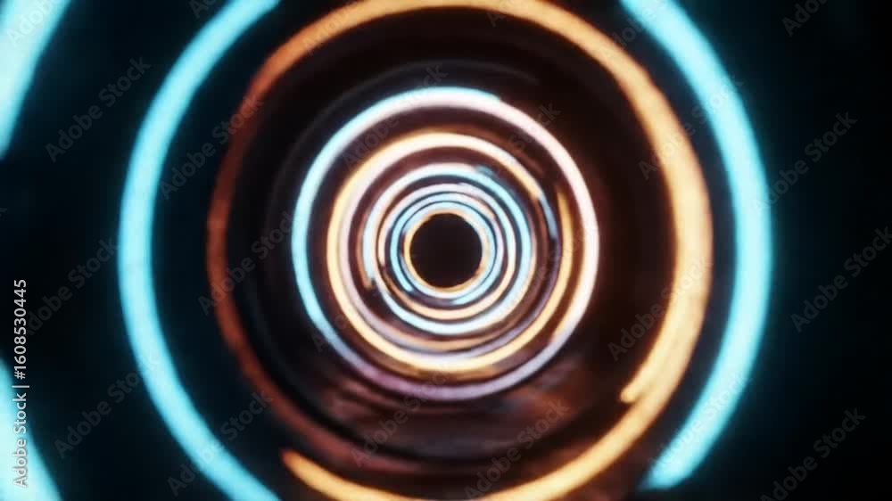 Poster abstract concentric circles of light in blue and orange, creating a tunnel or portal effect against 