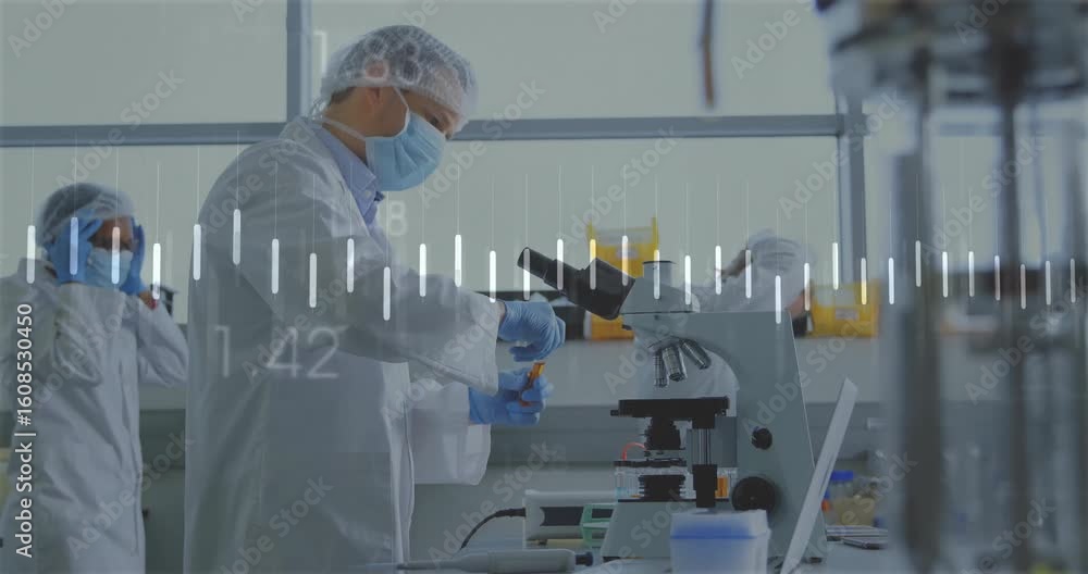 Poster male scientist drawing amber sample for microscope analysis as peer gearing up data lines pulsing