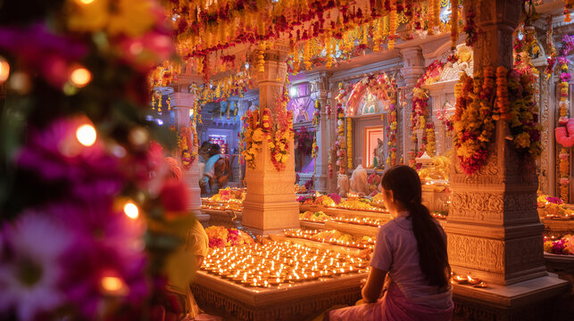 Navratri, temple decorated with flowers and lights for Navratri festival, devotees praying and offering diyas