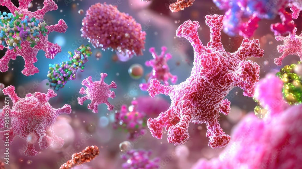 Poster colorful and intricate representation of microscopic viral particles with a abstract background