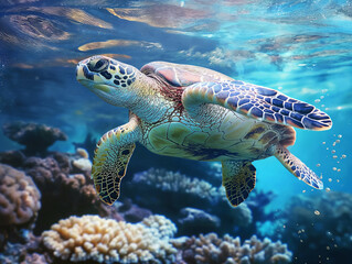 Obraz premium Serene Green Sea Turtle Swimming in Vibrant Coral Reef, Underwater Scene