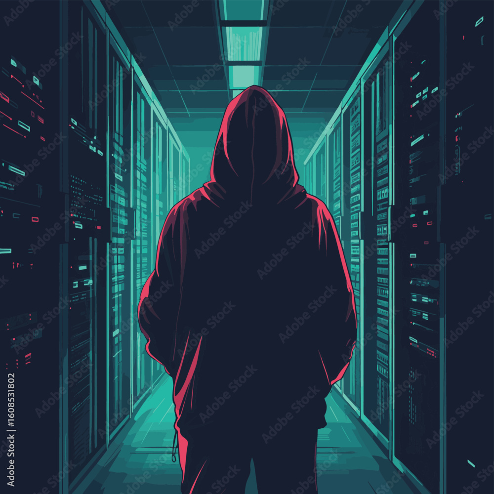 Poster the hooded hacker from behind standing among working servers. security technology, vector style simp