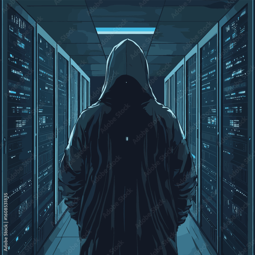 Poster the hooded hacker from behind standing among working servers. security technology, vector style simp