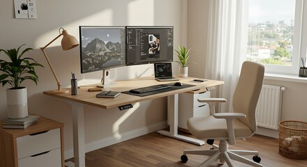 Modern adjustable standing desk setup for creative work at home with dual monitors and natural light
