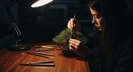 Serene bonsai cultivation: A woman's patient artistry under the warm glow
