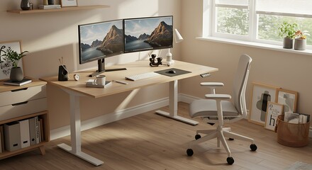 Modern adjustable height desk setup creates a professional and productive work from home office space