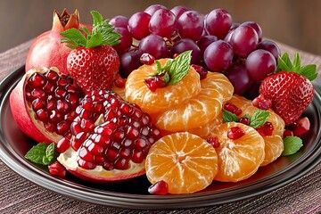 Fresh pomegranate with grapes and orange fruit high resolution image