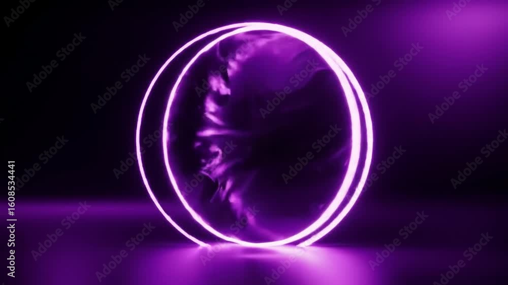 Poster abstract image of two glowing purple circles with a swirling, smoky pattern inside, set against a da