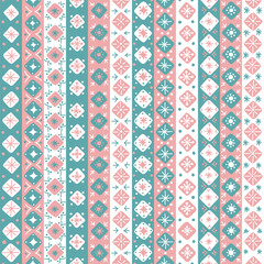 hand drawn christmas ornament. pink, blue, white colors. dots, snowflakes on stripes. vector seamless pattern. winter repetitive background. fabric swatch. wrapping paper. template for textile, greeti
