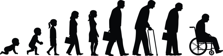 Silhouette of human life stages, crawling baby to elderly in wheelchair, age progression, development concept, growth journey, isolated vector