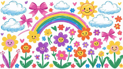 Crayon drawn kid doodle collection. Colorful childish elements like clouds, flowers, bows, rainbows and sun