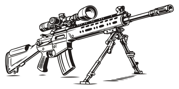 An isolated black and white automatic assault rifle vector illustration depicting a military machine gun or handgun with a trigger